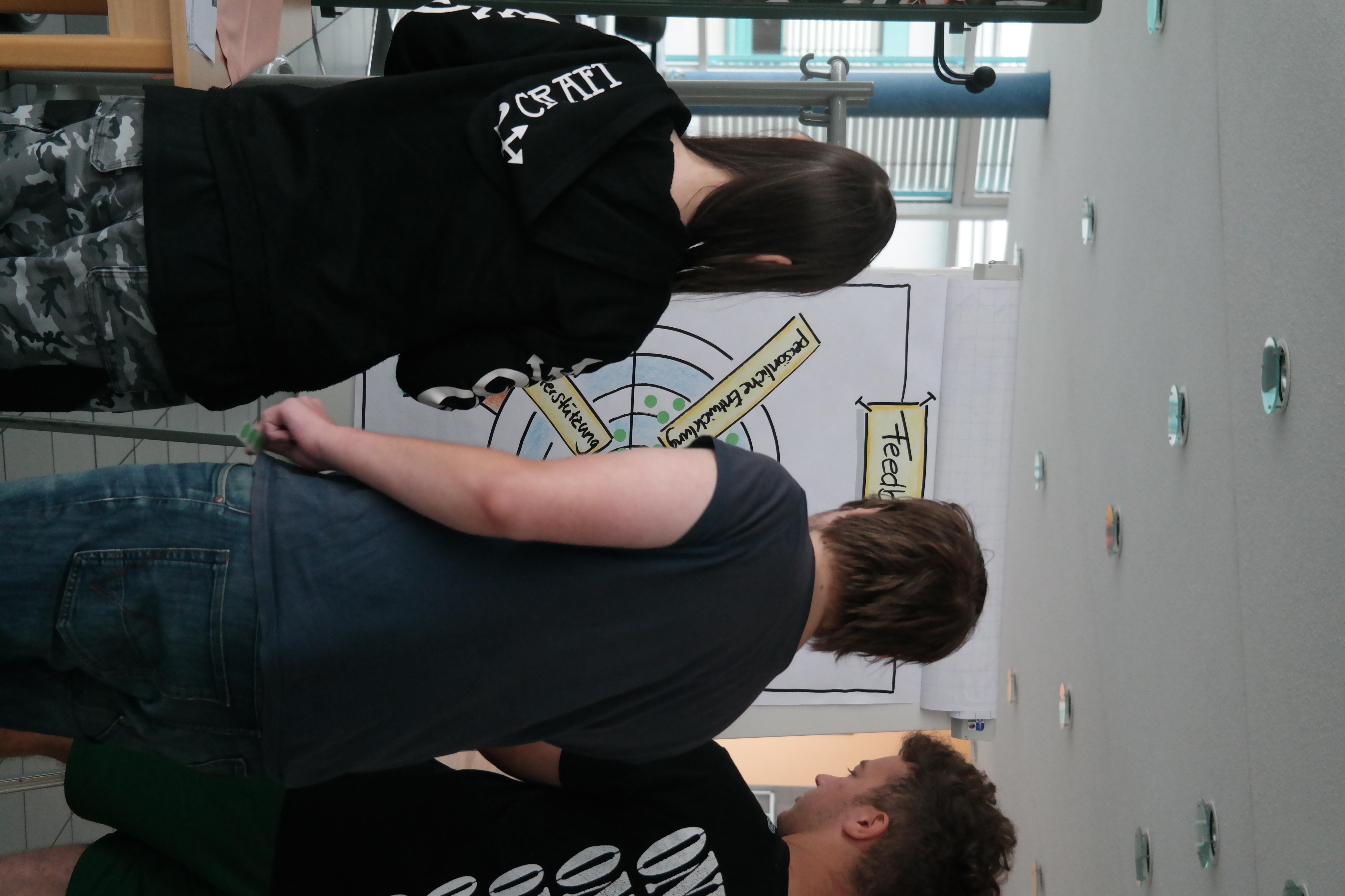 drei Azubis von hinten schauen sich eine Grafik an